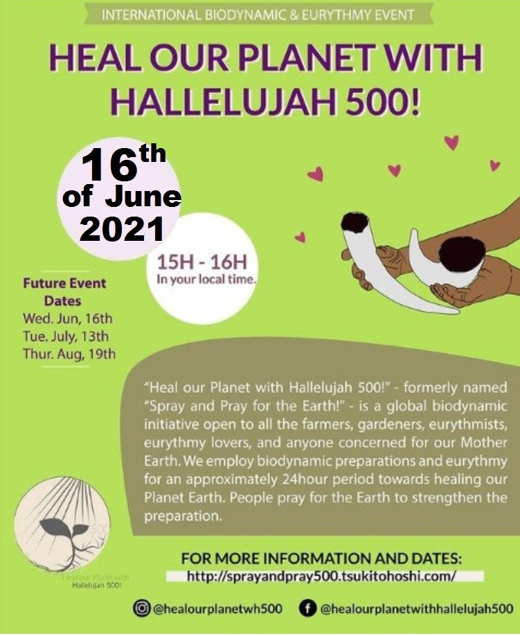BiodynamicDay's tweet image. Tomorrow is #worldbiodynamicday. In 3 weeks Heal our Planet with Hallelujah 500. Contact them and get subscribed to the newsletter. Are you aware of other spraying initiatives? Please comment below. &amp;lt;3 Happy Worldday! &amp;lt;3