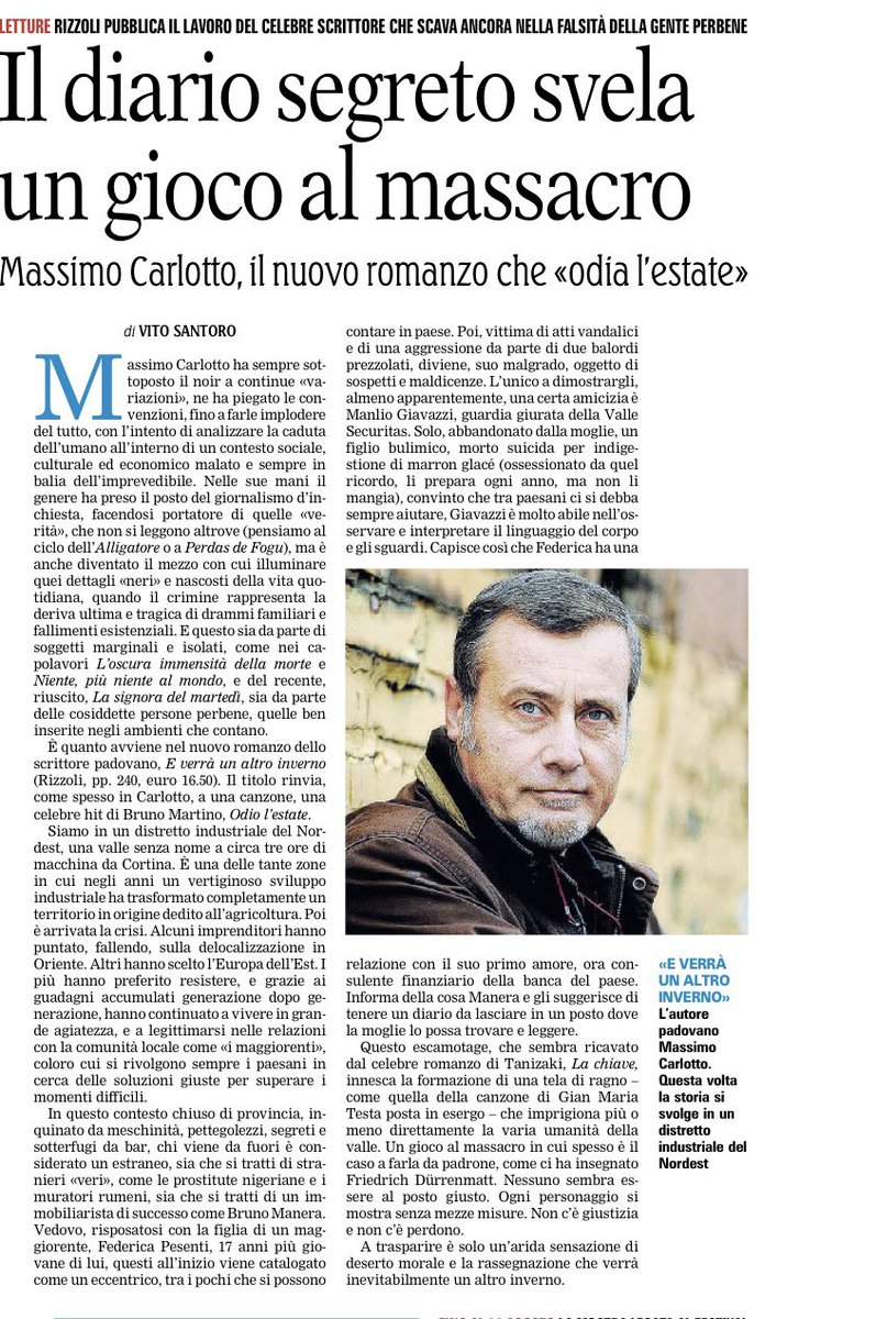 Sulla <a href="/LaGazzettaWeb/">La Gazzetta del Mezzogiorno</a> di oggi racconto il nuovo noir di @MassimoCarlotto #EverraUnAltroInverno <a href="/RizzoliLibri/">Rizzoli Libri</a>