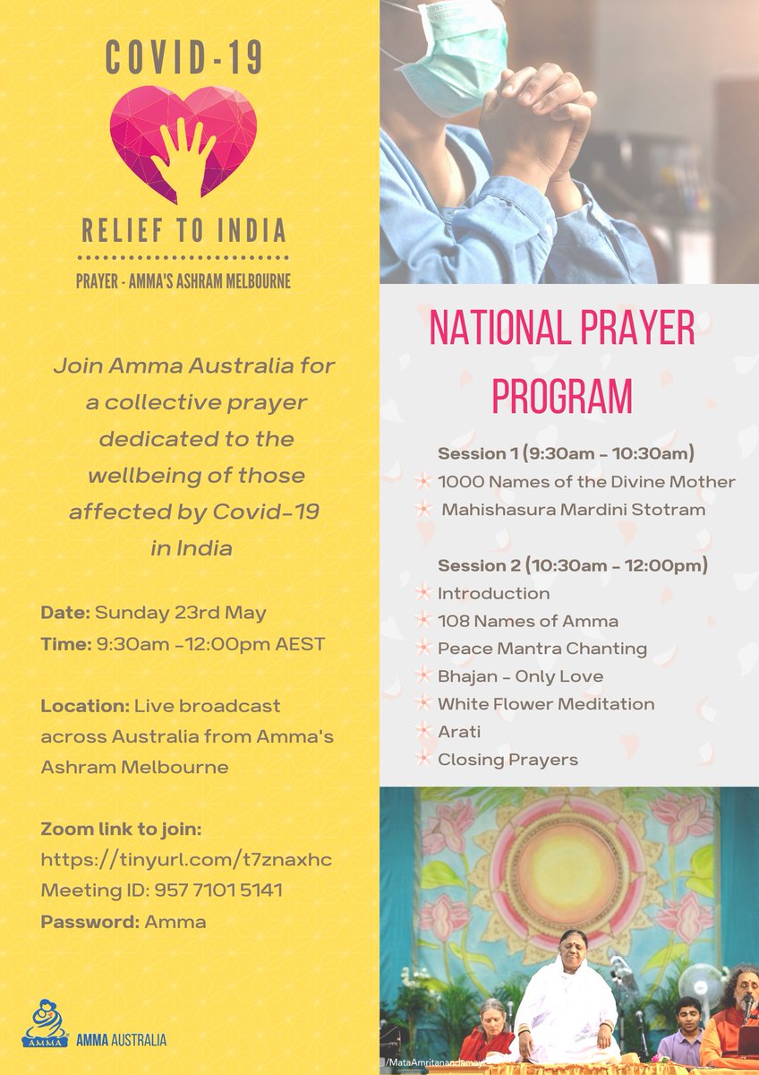 AmmaDailyOZ's tweet photo. 🕉️ This Sunday we are holding a National Prayer webcast for the COVID-19 crisis in India. Please join us. 💗🙏
Time: 9:30am to 12:00pm (AEST)
Zoom link: https://t.co/MKksFqX3zl
Meeting ID: 95771015141
Password: Amma
#COVIDEmergency https://t.co/vliGf9Z3gV