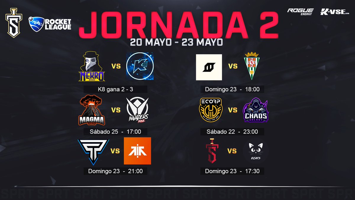 Seguimos con la Segunda Jornada 🏎️ 
Esta es la programación de las Divisiones 1, 2 y 3 ⚠️

<a href="/NekroTeam/">NekroTeam</a> vs @K8_eSports 
@MagmaGaming_GG vs <a href="/InvadersOficial/">Team Invaders 🛸</a> 
<a href="/PatriotsGaming_/">croquetasfritas29</a> vs <a href="/MSFSesports/">EBDJ - MSFSesports</a> 
<a href="/_Howlesports/">Howl Esports</a> vs <a href="/CordobaCF_ofi/">Córdoba CF</a> 
<a href="/ECORP_ES/">ECORP</a> vs <a href="/ChaosGalaxyEC/">Chaos Galaxy</a> 
<a href="/SPRT_GAMING/">Spartans Gaming</a> vs <a href="/eCATS_RL/">eCats</a>