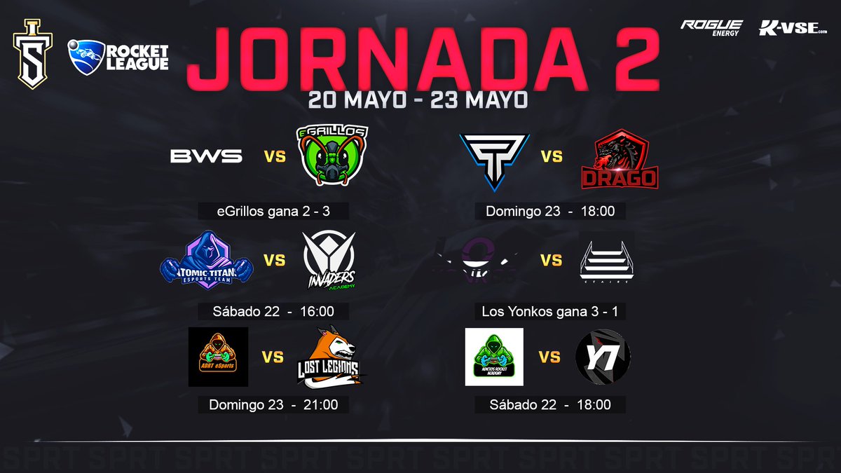 SEGUNDA JORNADA de las DIVISIONES 4, 5 y 6🏎️⚠️

<a href="/BlackowlsES/">Black Owls</a> vs <a href="/grillos_eSports/">eGrillos Club 🦗</a> 
@ATE_RL vs <a href="/InvadersOficial/">Team Invaders 🛸</a> 
<a href="/TeamAdictos/">TEAM ADICTOS</a> vs <a href="/Lost__Legions/">Lost Legions</a> 
<a href="/PatriotsGaming_/">croquetasfritas29</a> vs <a href="/TeamDrago/">Alan Mirza</a> 
#Yonkos vs #STAIRS
<a href="/TeamAdictos/">TEAM ADICTOS</a> Ac. vs <a href="/Y7Esports/">Y7 eSports</a> 

Estad atentos a las retransmisiones!😏👀

<a href="/kits_vse/">KITS VSE</a>