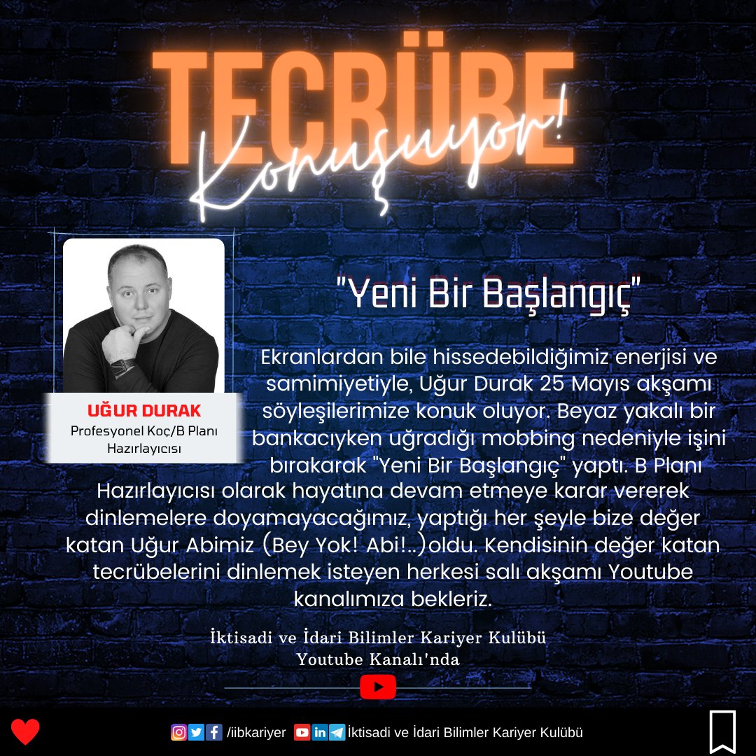 📍"Yeni Bir Başlangıç"
🗣Uğur Durak 

📅25 Mayıs Salı 
🕤21.30-22.30

"İktisadi ve İdari Bilimler Kariyer Kulübü" youtube kanalında

#canlıyayın #uğurdurak #kariyerkapisi #kariyer <a href="/ugur34durak/">ugur durak</a> <a href="/atauni1957/">Atatürk Üniversitesi</a> #ataünikariyer