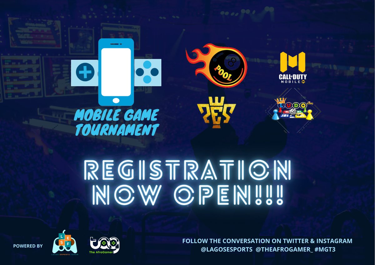 LagosESports's tweet photo. IMPORTANT #MGT3 INFORMATION:

1) #CoDMobile &amp; #PESmobile players must join the @theafrogamer_ discord channel
2) #LudoKing &amp; #8BallPool players must join the Telegram group

Register via https://t.co/w7b4T4f022

Powered by @LagosESports &amp; @theafrogamer_

#Esports #MobileGaming https://t.co/p6rZWowKSK