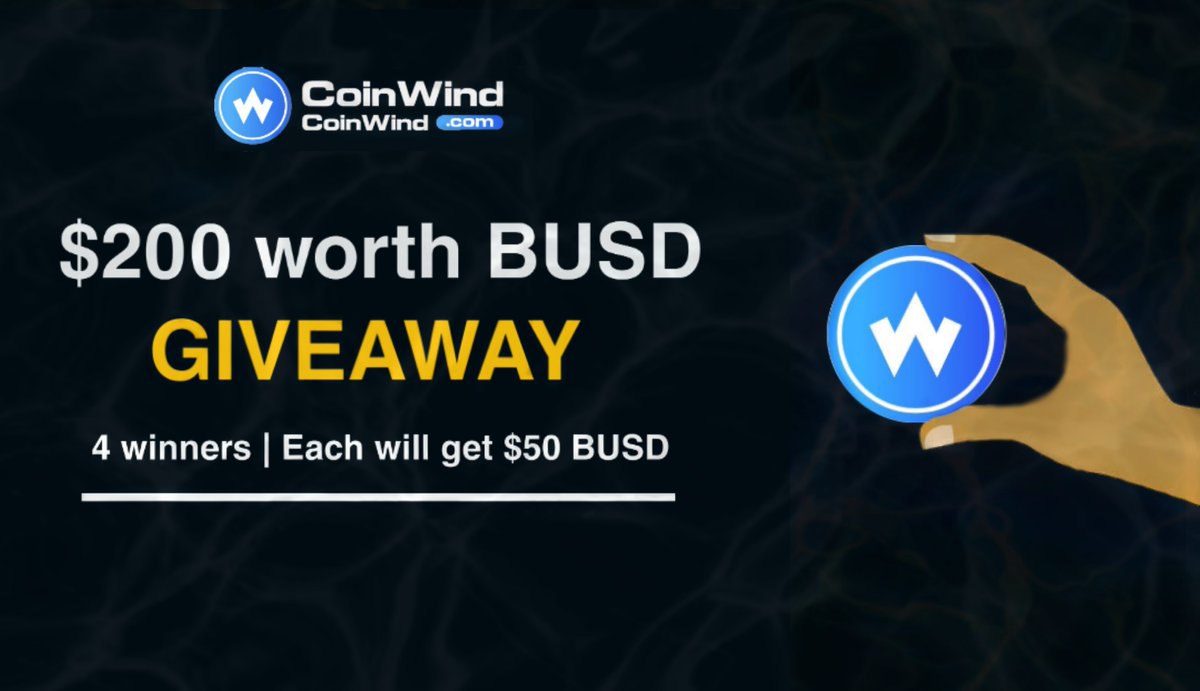 BNBSwap's tweet photo. Celebrating Coinwind #BSC Launch Giveaway

$200 worth BUSD #GIVEAWAY
4 Lucky Winners will get $50 #BUSD Each

✅ Follow @coinwind_com &amp; @BNBSwap
✅ Like &amp; Retweet
✅ Tag 5 Friends
✅ Comment your BSC Wallet Address
Ends in 24 hours
#BinanceSmartChain #Airdrops #Airdrop #BTC #BNB https://t.co/PEg0FPIuCd