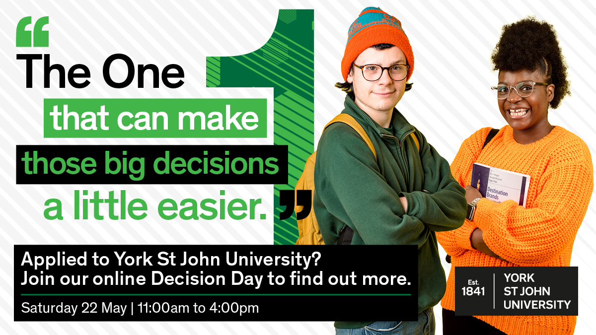 Today's the day!

If you're an offer holder we've set this event up so you can talk to us and to help you see if we're the one for you. 

Whether you're undecided or you've made your mind up to study with us, come along lets get to know each other.  ⬇️

yorksj.ac.uk/study/offer-ho…