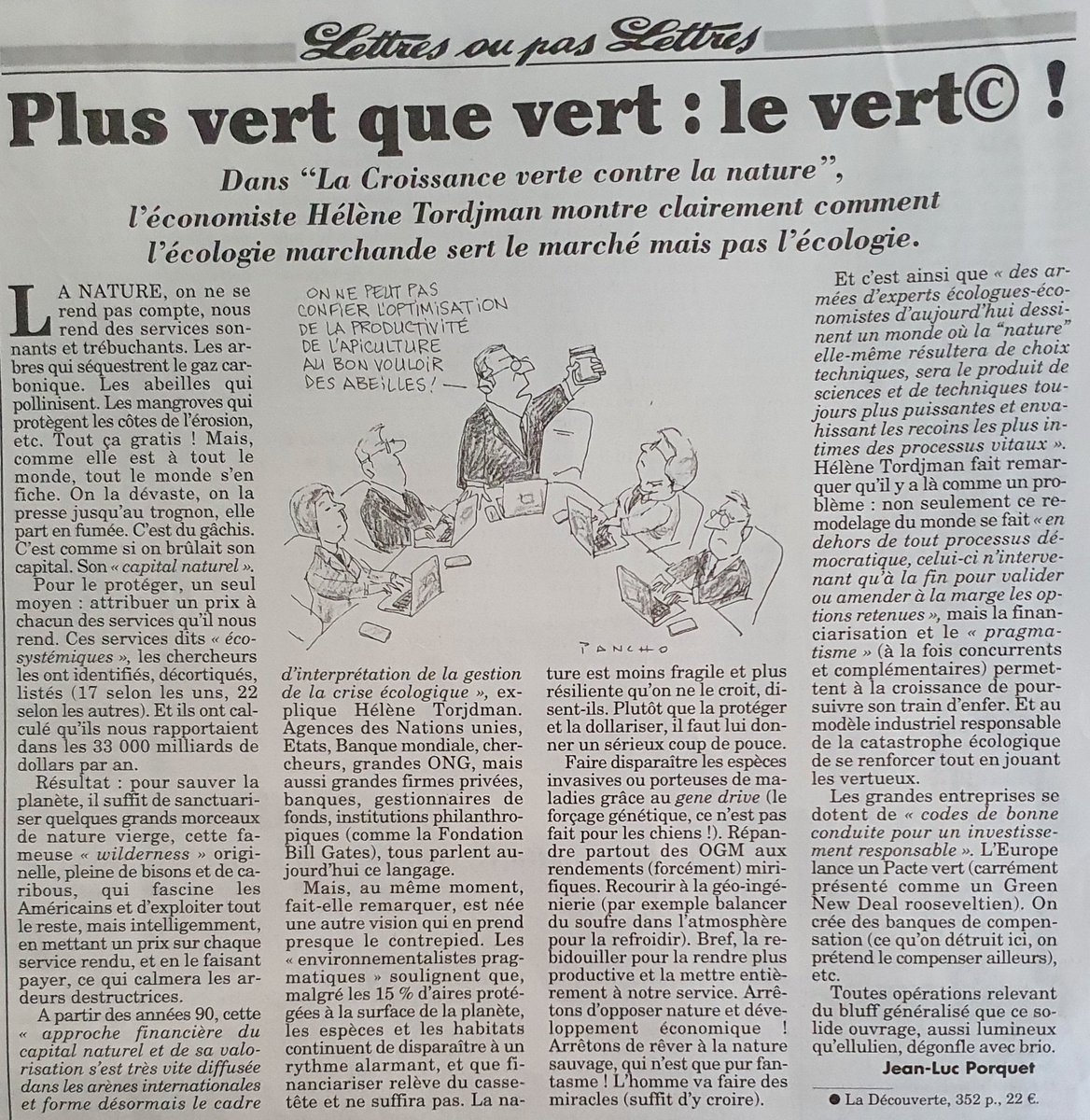 Airouone's tweet photo. Belle intro qui explique parfaitement le paiement des réduction des émissions carbone dans le concept de la monétarisation du capital naturel, dans le Canard enchaîné. https://t.co/RGyg1s3geE