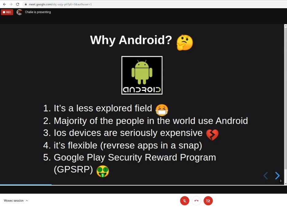 We have the pleasure of hosting <a href="/Chal13W1zz/">Chal13W1zz</a> on hunting bugs on Android applications . Really amazing session Charlie!

<a href="/WoSECtweets/">WoSEC - Women of Security</a> @v_jerusa <a href="/Judy_infosec/">CodeBash</a>