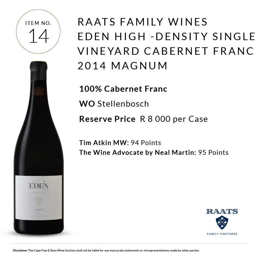 .<a href="/RaatsWines/">Raats Family Wines</a> Eden High Density Single Vineyard Cabernet Franc 2014 in magnum sold at R10 500 for four bottles.