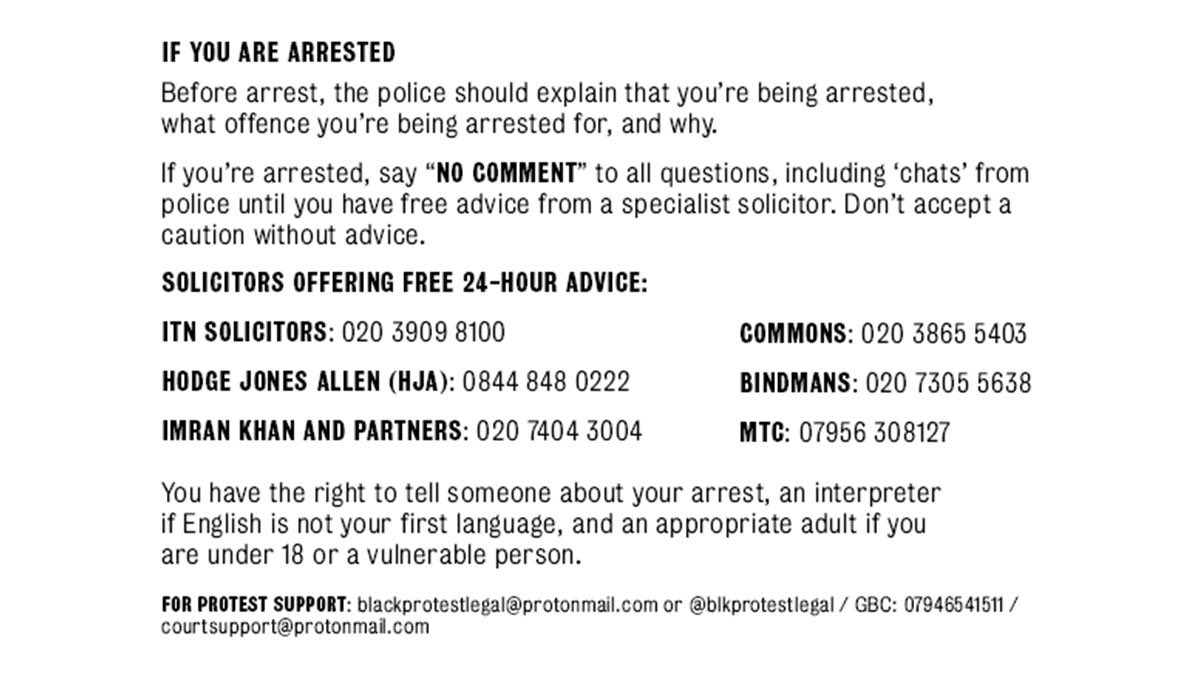 💥💥PROTESTING TODAY?💥💥

🙋🏾‍♀️Know your rights 
🤐No comment
⁉️Under what power?
🙅🏿No caution w/o legal advice
👩🏾‍💼Get a protest lawyer 
✍🏽Write ^ no on u in sharpie
👩🏽‍🤝‍👨🏿Stay together
🦺Find Legal Observers 4 support

#CloseTheCamps #FreePalestine #RightToProtest #BlackLivesMatter