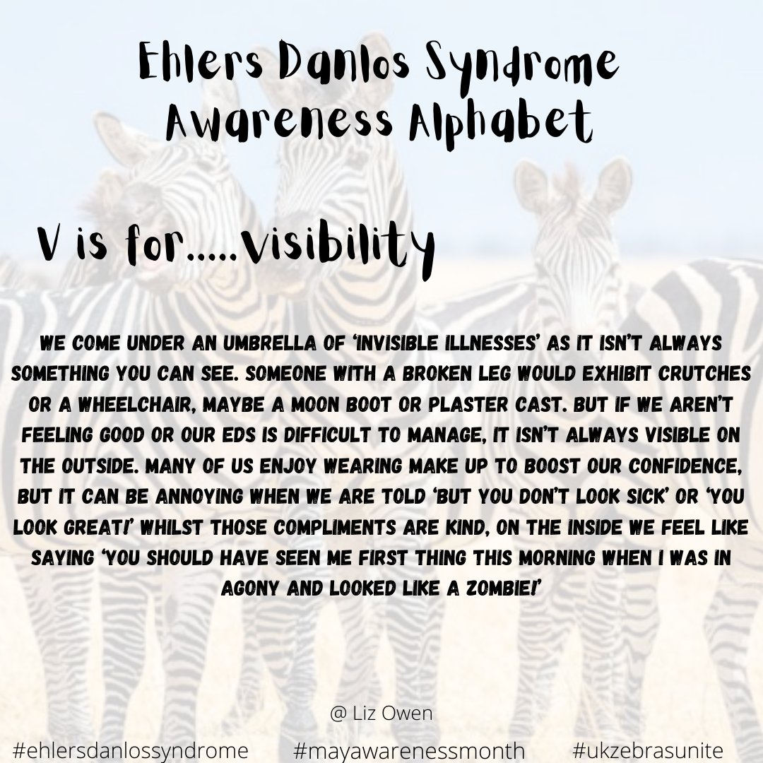 Do you know someone with an invisible illness? Would you know they had a chronic health issue? I get looks from people who judge me for using a wheelchair! #awarenessalphabet #EhlersDanlosSyndrome #mayawarenessmonth #HSD #chronicillness #EDS #visibility #ukzebrasunite