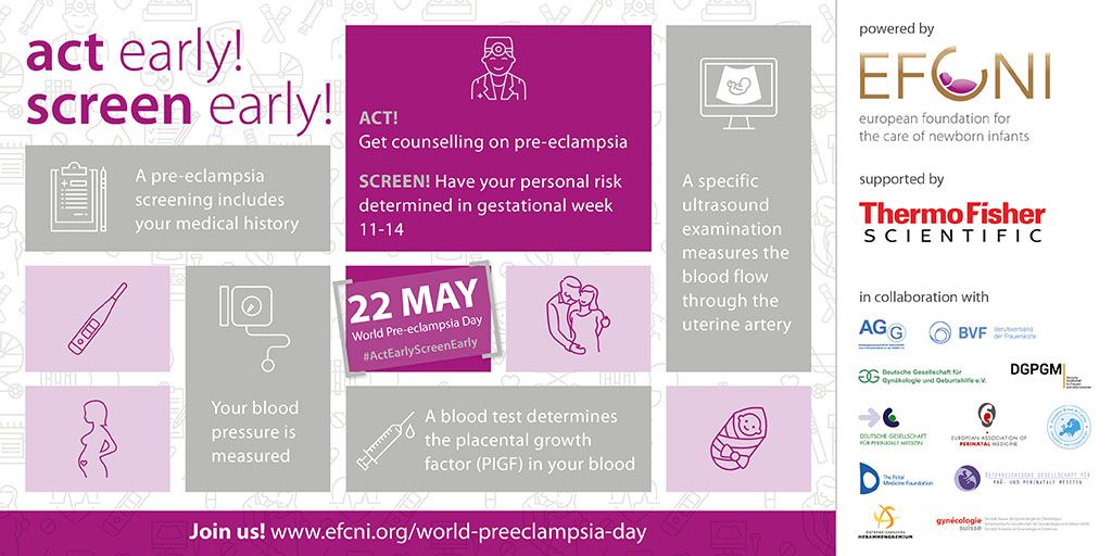 Pre-eclampsia is a pregnancy complication which increases the risk of premature birth and can be dangerous for mums and babies. Today on #WorldPreEclampsiaDay we are proud to support the <a href="/EFCNIwecare/">EFCNI</a> campaign to ‘act early! screen early!’