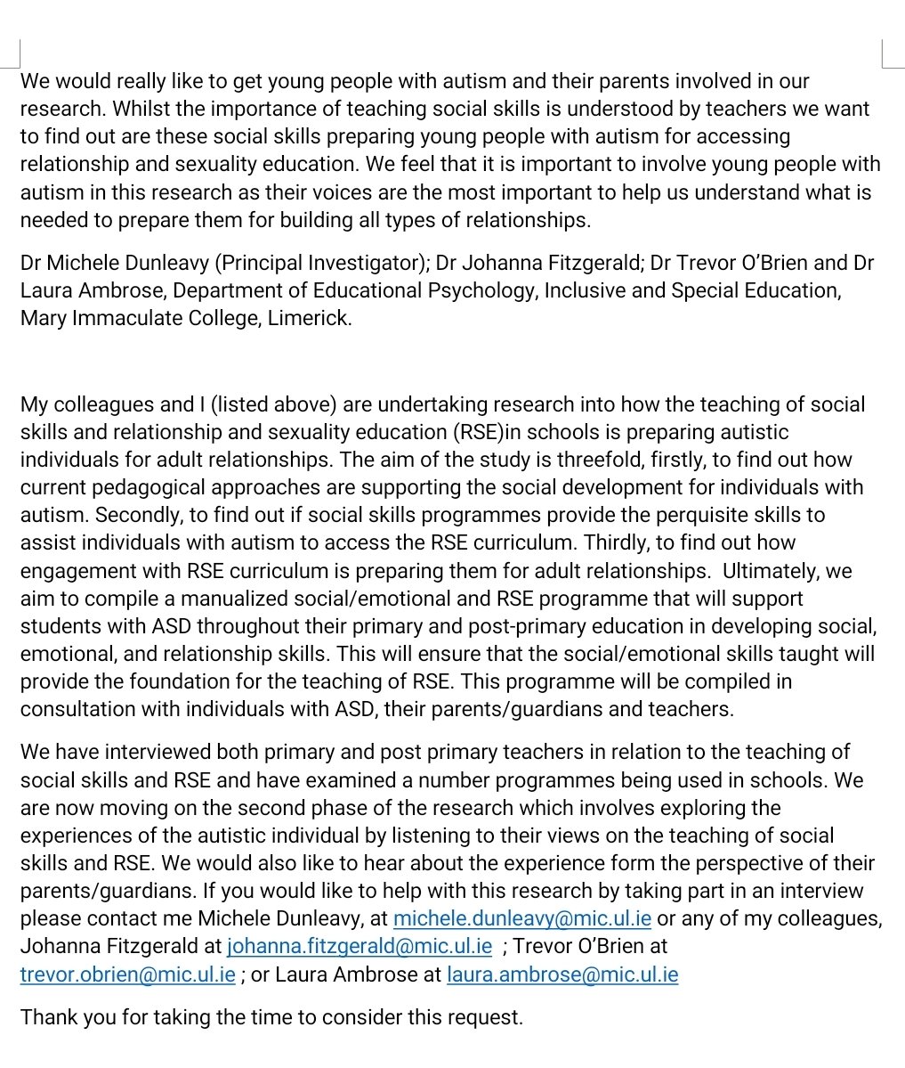 Irish Learning Support Association (@ilsa_education) on Twitter photo The Department of Educational Psychology, Inclusive and Special Education in <a href="/MICLimerick/">Mary Immaculate College (MIC)</a> are seeking participants for a research project focusing on the teaching of social skills and RSE for individuals with autism. The views of parents/guardians are being sought. Info is below. The Department of Educational Psychology, Inclusive and Special Education in <a href="/MICLimerick/">Mary Immaculate College (MIC)</a> are seeking participants for a research project focusing on the teaching of social skills and RSE for individuals with autism. The views of parents/guardians are being sought. Info is below.