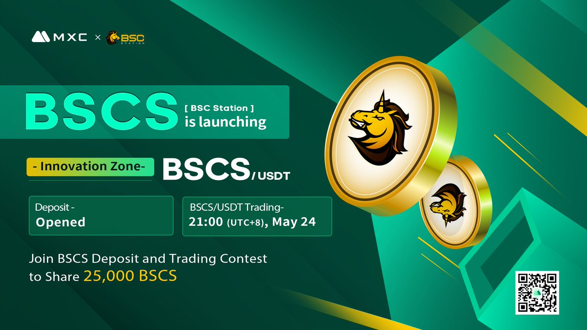 MXC will list $BSCS @bscstation in the Innovation Zone under BSCS/USDT trading pair.

✅Deposit: Opened
✅Trading: 21:00 (UTC+8), May 24
✅Withdrawal: 16:00 (UTC+8), May 26

🏆 BSCS Deposit and Trading Contest - 25,000 $BSCS to be Won
Details: bit.ly/3wqm8HA

#BSC #NFTs