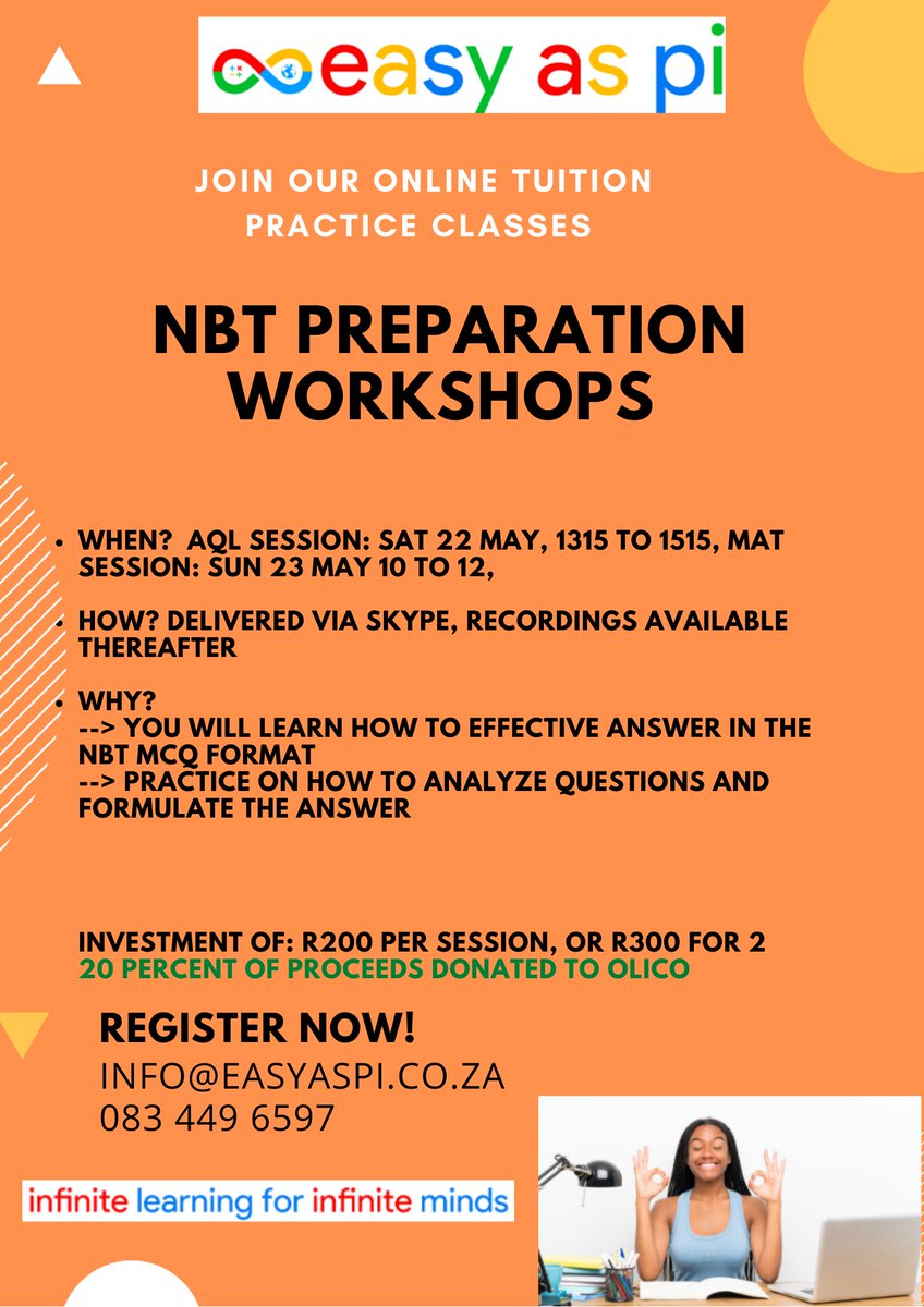 EasyAsPi team (@easyaspimaths) on Twitter photo To Grade 12 parents & students.
If in need of help with the National Benchmark Test we are hosting an AQL & MAT workshop this weekend.
Here is a link to the info session
youtu.be/wedtLZr3YxU
Register by mailing info@easyaspi.co.za
#NBT #NationalBenchmarkTest #MatricClassof2021 To Grade 12 parents & students.
If in need of help with the National Benchmark Test we are hosting an AQL & MAT workshop this weekend.
Here is a link to the info session
youtu.be/wedtLZr3YxU
Register by mailing info@easyaspi.co.za
#NBT #NationalBenchmarkTest #MatricClassof2021