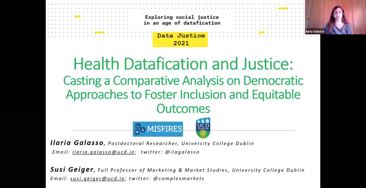 Our researcher <a href="/ilagalasso/">Ilaria Galasso</a> is presenting on research with <a href="/complexmarkets/">Susi Geiger</a> on "#Health Datafication and Justice" at the virtual #datajustice2021 conference

For more information about our project go to misfires.ucd.ie

<a href="/ERC_Research/">European Research Council (ERC)</a> <a href="/UCDQuinnSchool/">UCD Quinn School</a> @SmurfitSchool