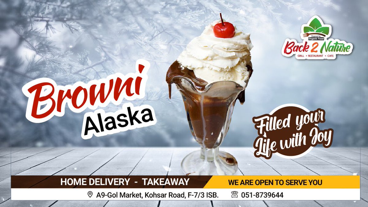 Back2Nature5's tweet photo. Browni Alaska, filled your life with joy at Back 2 Nature

Location:
Back 2 nature, A9-Goal Market, Kohsar Road, F7/3, Islamabad

For Order please call at:
051-8739644

#back2nature #back2natureislamabad #cafe #grill #restaurant #islamabad #shakes #alaskabrownie #penutshake https://t.co/nOALXV3NyJ