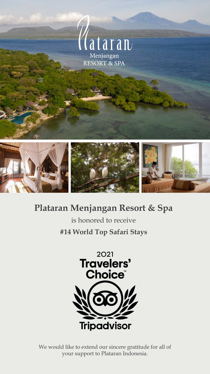 PlataranResorts's tweet photo. Plataran Menjangan Awarded as Best of the Best Resort in Tripadvisor Traveler's Choice 2021 Top Safari Stays - World Category

Discover More
https://t.co/wlmBpsHkCO

#PlataranIndonesia
#TrueIndonesianIcon
#TrueIndonesianEcotourismIcon
#travel #tourism #luxury #sustainablehotels https://t.co/UJ2iSyn4vW