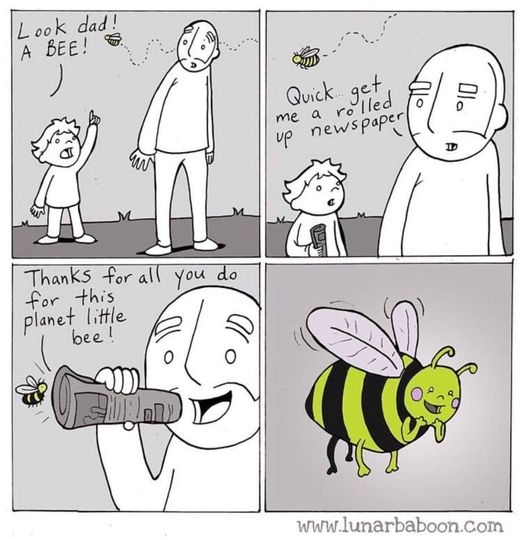 Greenpeace's tweet image. The only right thing to do when you see a bee: Bee grateful! 

*And demand that governments put protecting nature and people’s health above the interests of corporations producing dangerous pesticides.

 🎨@lunarbaboon #WorldBeeDay