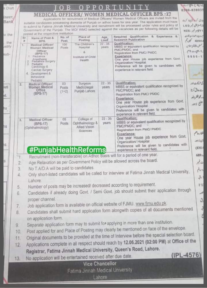 Nishtarians1's tweet photo. Fatima Jinnah Medical University - FJMU , Lahore announced opportunities for #108MOs / #WMOs till 12th June, 2021. https://t.co/XL6Tv7ODJj