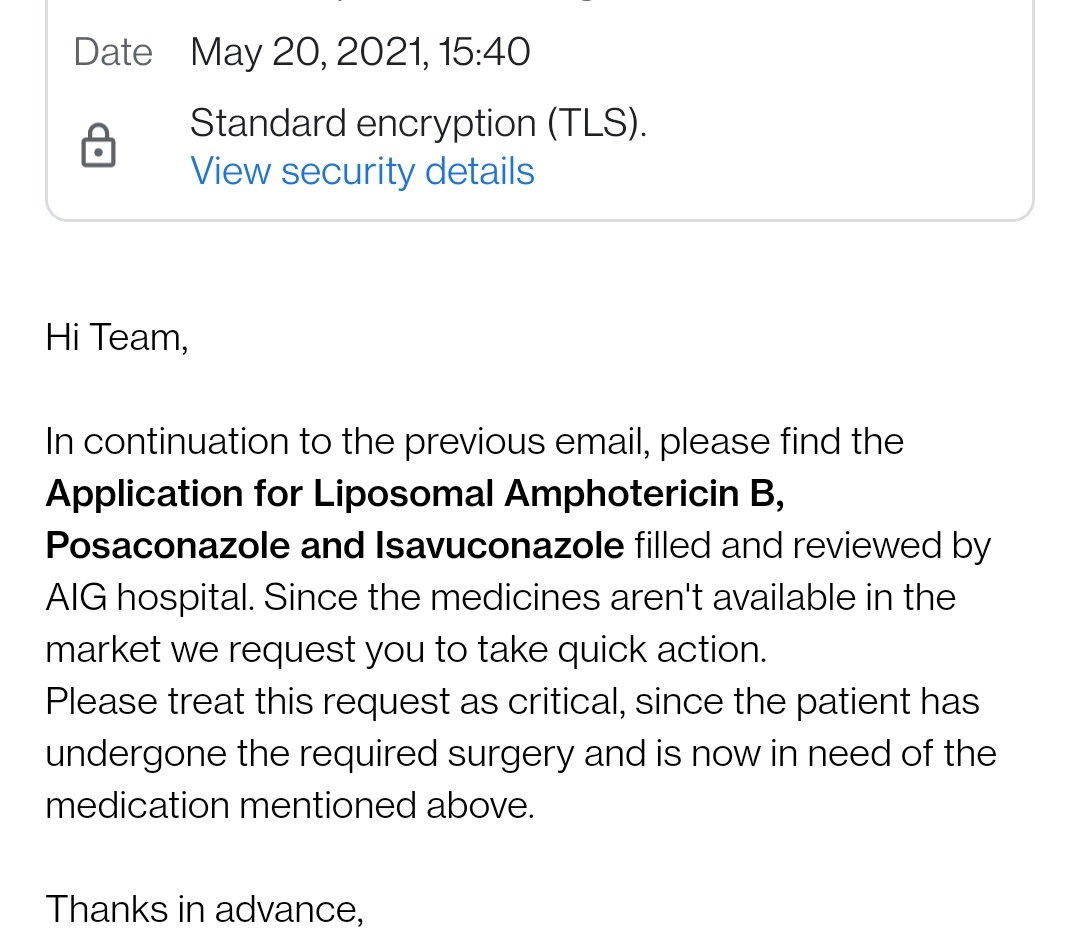 IamSunilGeorge's tweet photo. @shivanirai @taapsee @SonuSood @bhumipednekar @KTRoffice @DMETELANGANA 
 Dear DME, the application is sent on email. Please help, the patient Subir Guha has just undergone a surgery and needs the Liposomal Amphotericin - B . 120 vials for 20 days. 
Thank you @KTRTRS for the information. @Kows_14 https://t.co/KrySoHdp1U