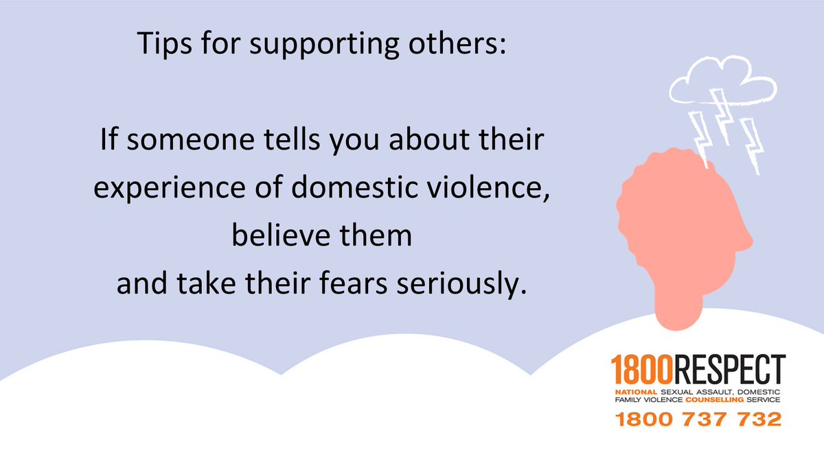 Tips for supporting others: if someone tells you about their experience of domestic violence, believe and take their fears seriously.