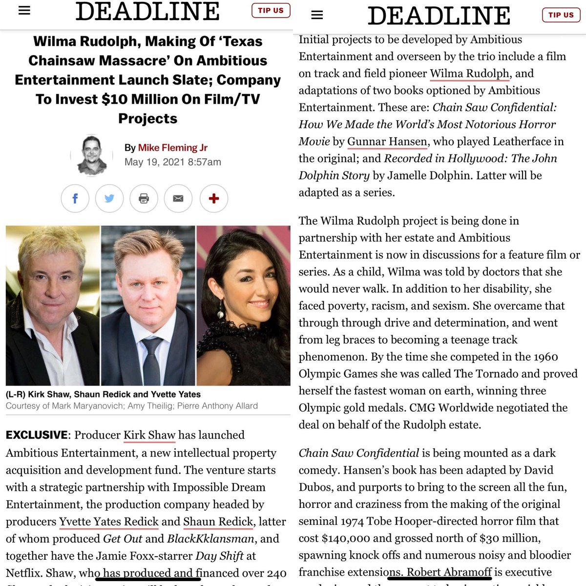 Exciting plans &amp; new opportunities ahead 🎥🎥🎥
Wilma Rudolph, Making Of ‘Texas Chainsaw Massacre’ On Ambitious Entertainment Launch Slate; Company To Invest $10 Million On Film/TV Projects
deadline.com/2021/05/wilma-…

#RepresentationMatters #LatinX #LatinaProducer <a href="/_iDreamEnt_/">Impossible Dream Ent</a> <a href="/SHAQ/">SHAQ</a>