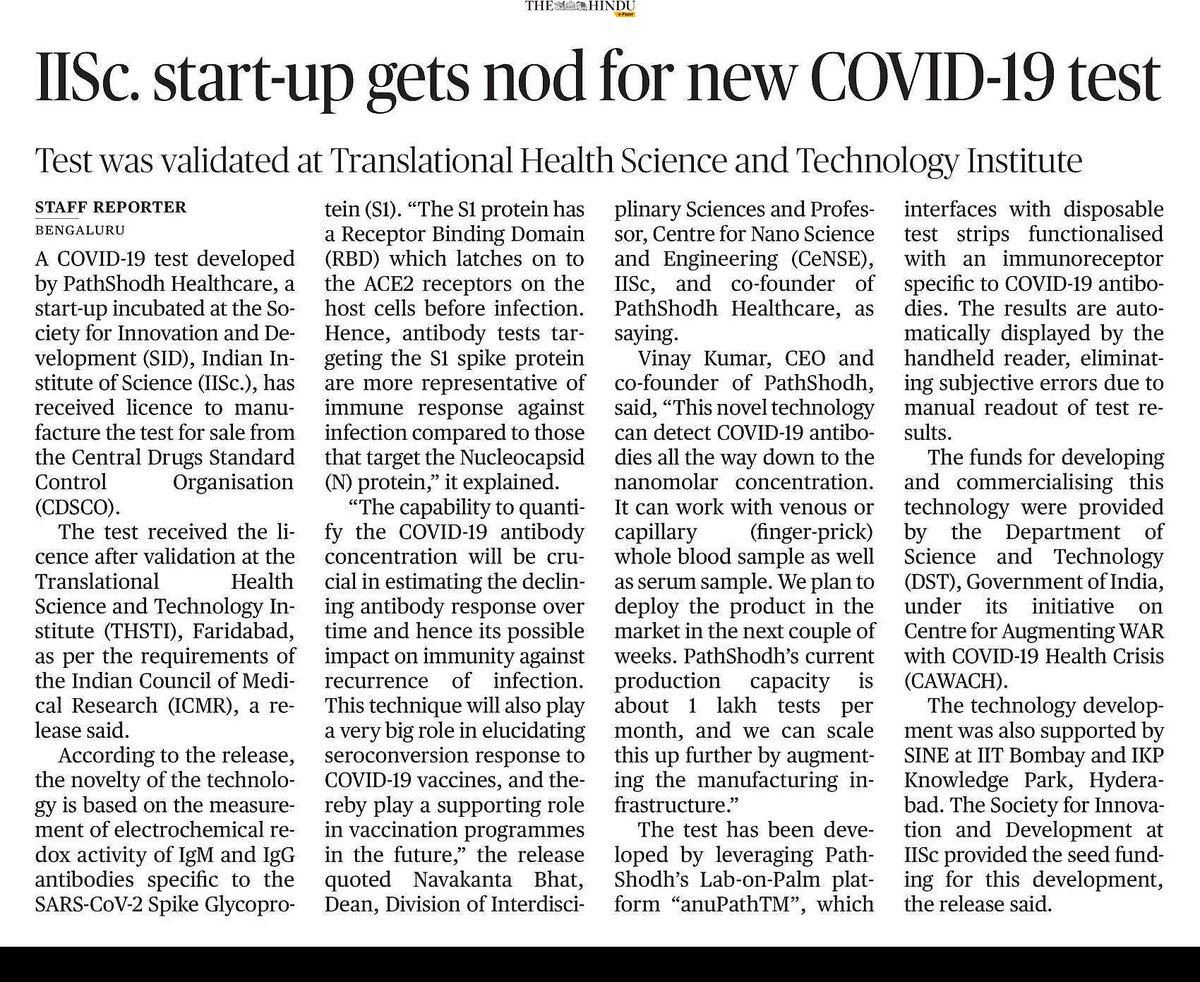 Congratulations to @PathShodh Healthcare, a start-up incubated at @iiscbangalore for creating a new #COVID19 diagnostic kit.

The technology include on-board memory to store >1 lakh real-time test results.

Special thanks to @IndiaDST for encouraging the initiative!