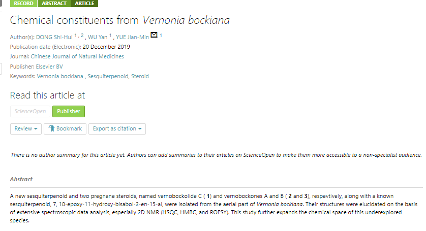 CjnmJournal's tweet photo. 'Chemical constituents from  Vernonia #bockiana' an article on #ScienceOpen: https://t.co/a19ewAQmjz https://t.co/1voh15foey