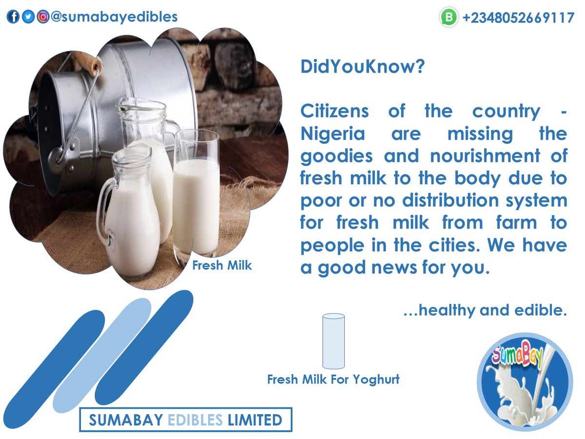 sumabayedibles's tweet photo. #DodYouKnow?

Citizens of Nigeria living in the cities are missing the goodies and nourishment of fresh milk due to poor or no distribution system of the product.

Good news! Coming soon SumaBay fresh milk yoghurt.

Take a survey by answering the following;

Name:

Location: https://t.co/ZKbR4nA5g6