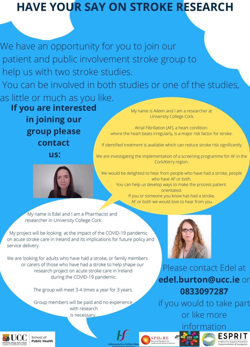 **Calling all Stroke Survivors **

 <a href="/EdelBurton/">Edel Burton</a> is looking for adults who had a #stroke in Ireland and who WANTS TO HAVE A SAY on future #StrokeResearch 

**YOUR HELP** is required to shape a Research Project on #AcuteStrokeCare during the Covid-19 pandemic in Ireland.