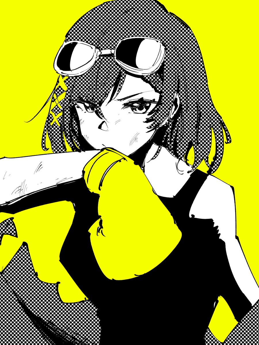 1girl solo goggles yellow background goggles on head monochrome short hair  illustration images