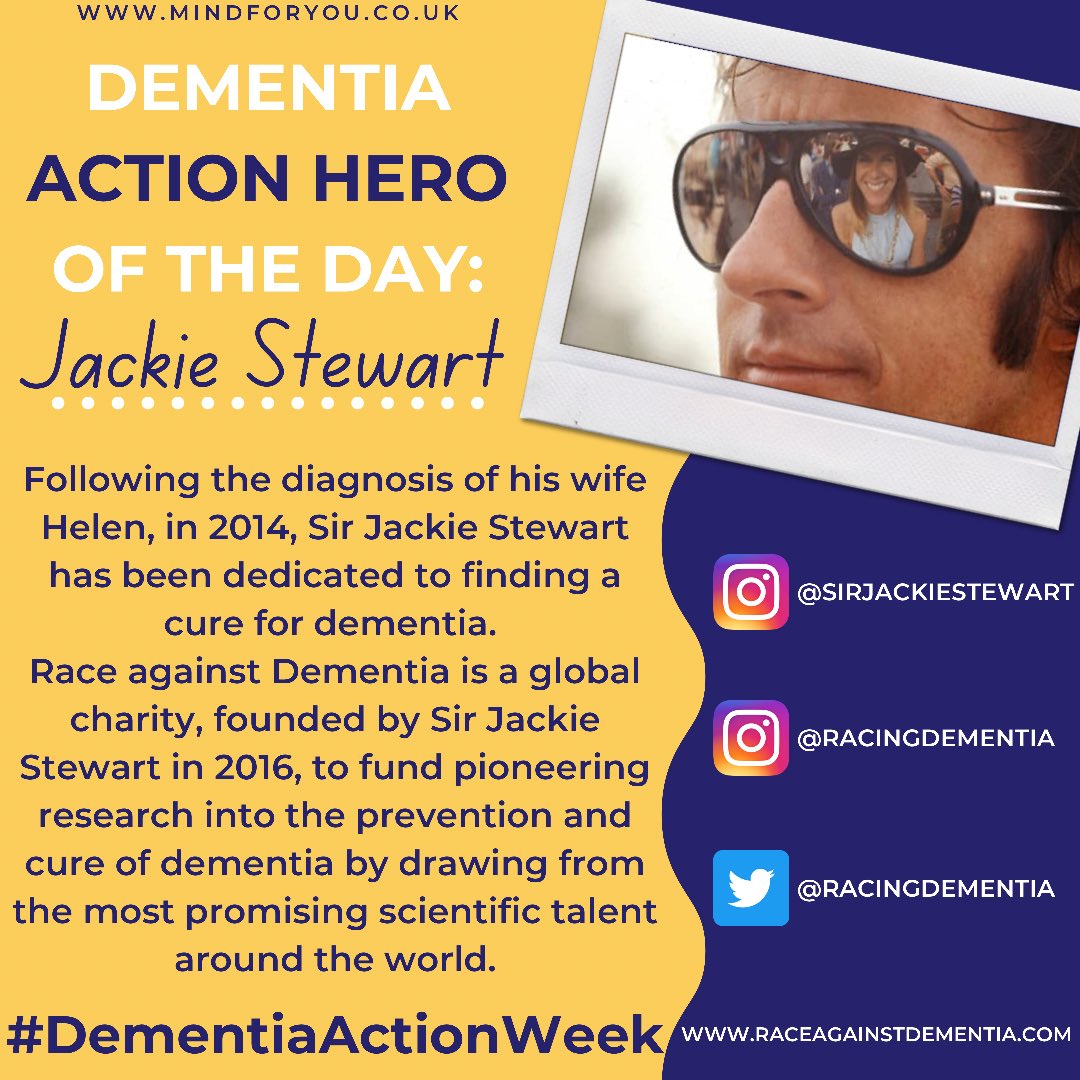 As part of #DementiaActionWeek we have been choosing a different Dementia Action Hero every day this week! And today’s Action Hero is the inspiring Sir Jackie Stewart 💛
