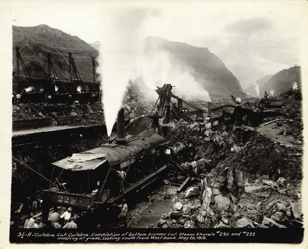 ThisDayInCEHist's tweet photo. 20MAY1913: Breakthrough of the Culebra Cut, achieving a milestone in the construction of the #PanamaCanal. After years of excavating and blasting through the continental divide, steam shovels #222 and #230 meet one another at the bottom of the Cut, 40 feet above sea level. https://t.co/LgR2B855Nc