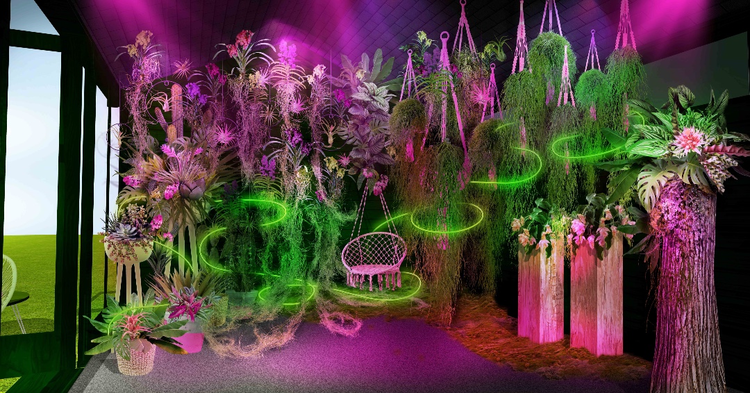 MalvernBuilding's tweet photo. The Green Room will be an immersive #houseplant filled VIP retreat where the 'planterati' can escape the buzz of the show, suspended in a giant pink #macramé hanger. The neon-lit interior will have hanging plants, tree trunks & a hanging macramé seat for visitors💚#VirtualChelsea https://t.co/dN5lBLi6Hv