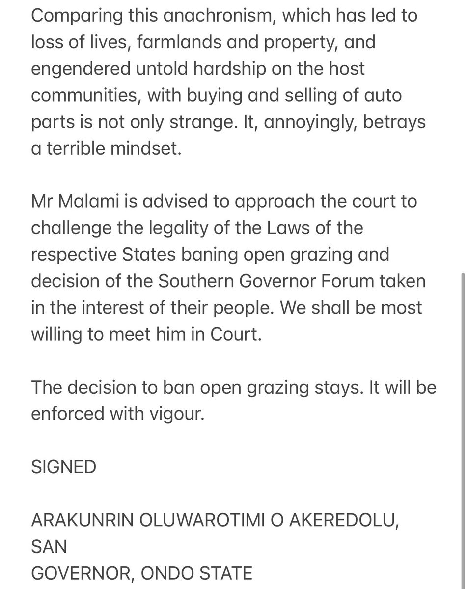 Ondo State Governor,@RotimiAkeredolu has responded to the utterances of AGF Malami on Channels TV lastnight. It is one of the most courageous statement i have read from any southern Nigerian leader in recent history. Read below 👇🏿👇🏿👇🏿