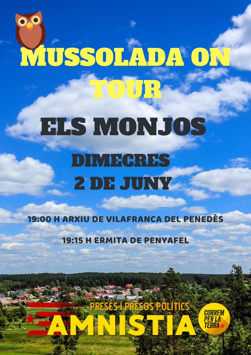 🦉 Al juny comencen les Mussolades On Tour! 🌞⁣⛰
⁣
🗓 Dimecres 2 de juny als Monjos!⁣
⁣
📍 19.00 h Arxiu de Vilafranca. ⁣
📍 19.15 h Ermita de Penyafel. ⁣ 

⁣10-14 km aprox. Seguim les mesures sanitàries 😷 i ens adaptem al vostre ritme! 🎊 Us esperem!
