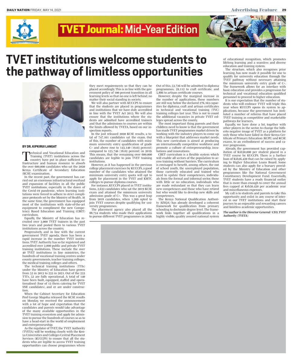 TVETAKenya's tweet photo. In today Daily Nation...TVET colleges have put in place sufficient infrastructure and human resource to absorb the over 600,000 candidates who sat the 2020 KCSE exam 
Read more: https://t.co/PqVBs9MWDW

@Langat_Kipkirui @EduMinKenya @KKnqa @cdacc_tvet @TVETChat @KUCCPS_Official https://t.co/iyhpj4qSCW