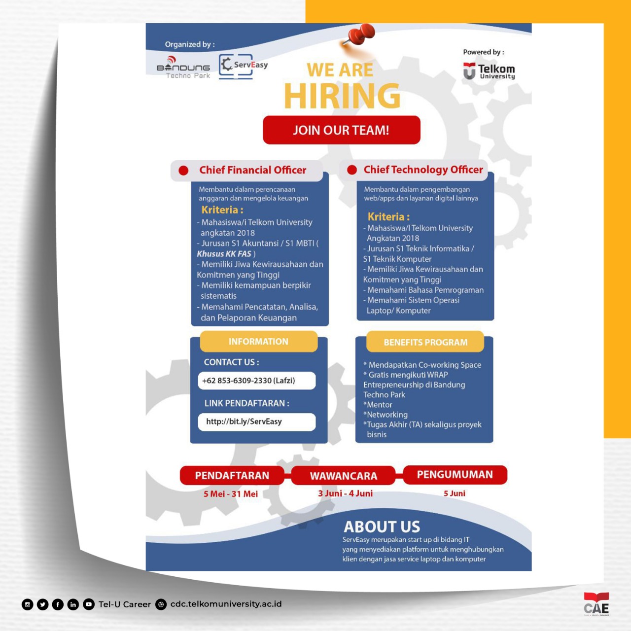 Tel U Career On Twitter Serveasy Is Hiring Hello Everyone Serveasy Adalah Start Up Yg Bergerak Di Bidang It Serveasy Merupakan Aplikasi Yang Menghubungkan Customer Dengan Jasa Layanan Service Laptop Dan Komputer Startup