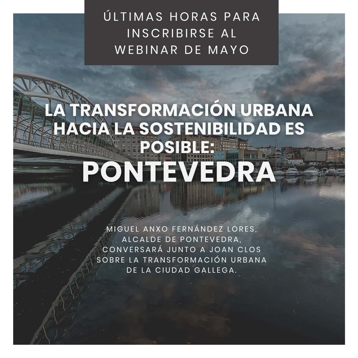 🔈 Últimas horas para apuntarte al webinar de este mes. Te esperamos hoy a las 17:00 (CEST) en directo en nuestro canal de Youtube. 
☝🏻Link: bit.ly/3f9Mbfd
<a href="/Joanclos/">Joan Clos</a> <a href="/Lorespontevedra/">Miguel Anxo F. Lores</a>
#webinar #sostenibilidad #pontevedra #urbanismo #thenewurbanconversation