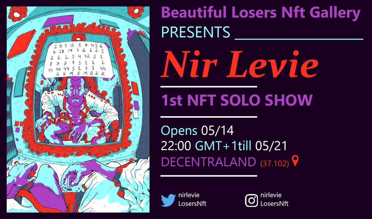 Morning Y'all #NFTCommunity!!!

Today is last Day to visit 

<a href="/nirlevie/">Nir Levie</a>  

 1st #NFT SOLO SHOW @ #BeautifulLosersNftGallery 

Till Tonight at 22:00 GMT+1

Visit here
play.decentraland.org/?position=37%2…

#nftart #eth #digitalcollage #Ethereum #nftcollector #NFTcollectibles
