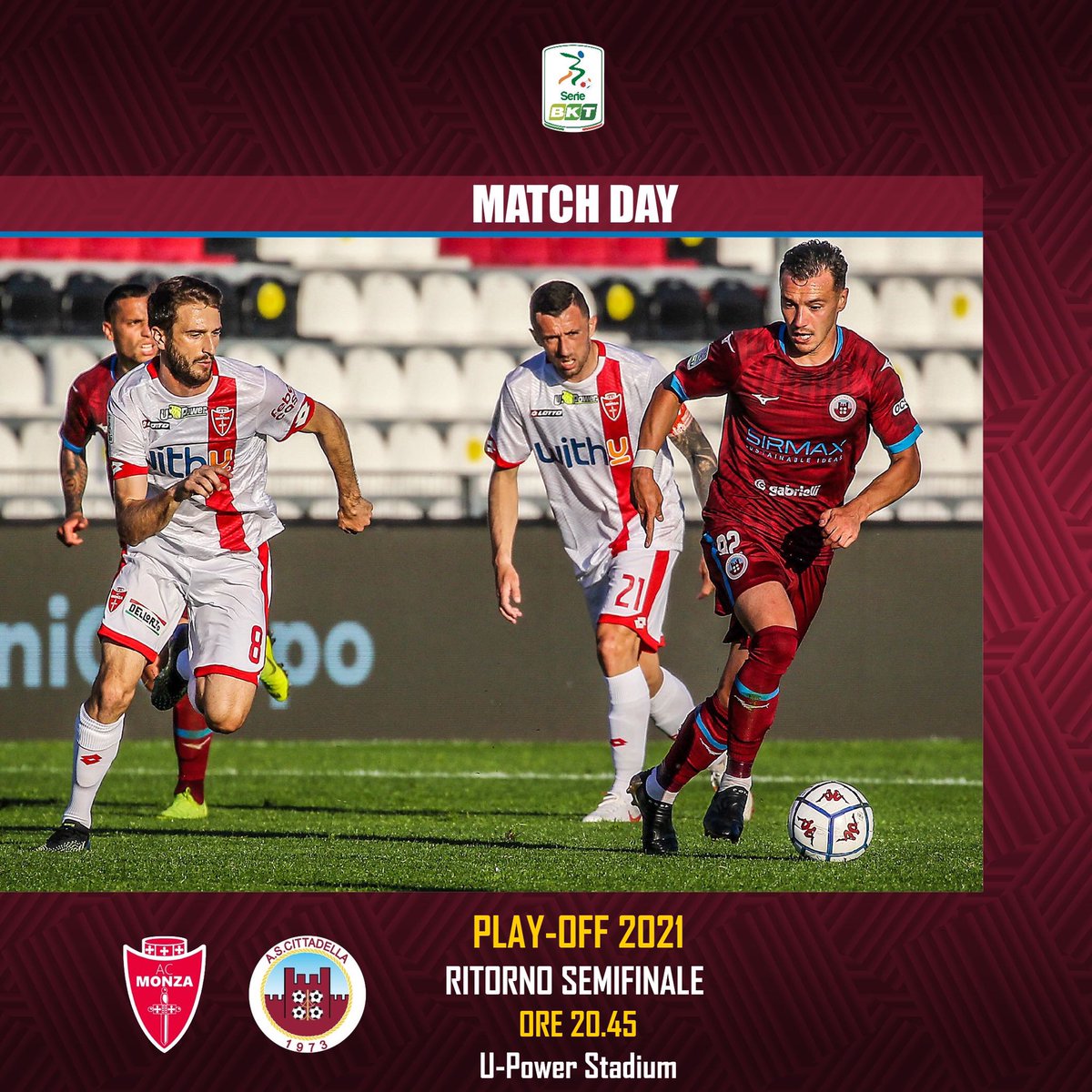 ascittadella73's tweet photo. 𝐏𝐋𝐀𝐘𝐎𝐅𝐅 𝟐𝟎𝟐𝟏‼️
𝐒𝐄𝐌𝐈𝐅𝐈𝐍𝐀𝐋𝐄 𝐑𝐈𝐓𝐎𝐑𝐍𝐎
🆚 @ACMonza
🏟️ U-Power Stadium
⏰ ore 20.45
📺 Seguiteci su @DAZN_IT
📲 #MonCit #PlayOff21 #ForzaCitta https://t.co/nhICvbXtKF