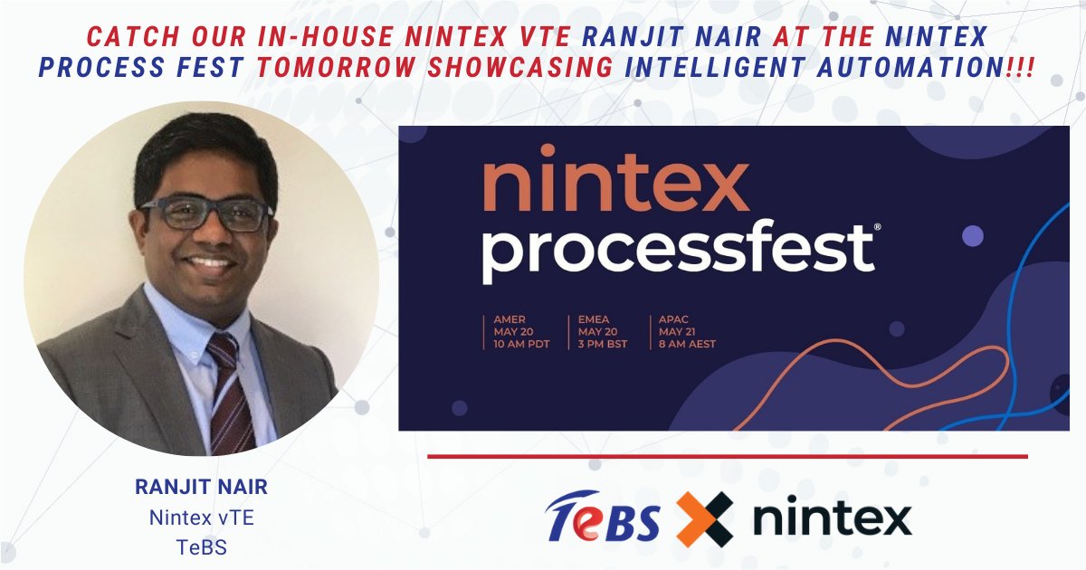 Total_ebiz's tweet photo. Listen up APAC!!! Catch our in-house Nintex vTE Ranjit Nair at tomorrow's @Nintex Process Fest where he will be showing #IntelligentAutomation. Last chance to register!!! Click here- https://t.co/KrrFmdhB4v
#Nintex #NintexPartner #NintexProcessFest #digitaltransformation #tech https://t.co/5KxJcfLDoQ