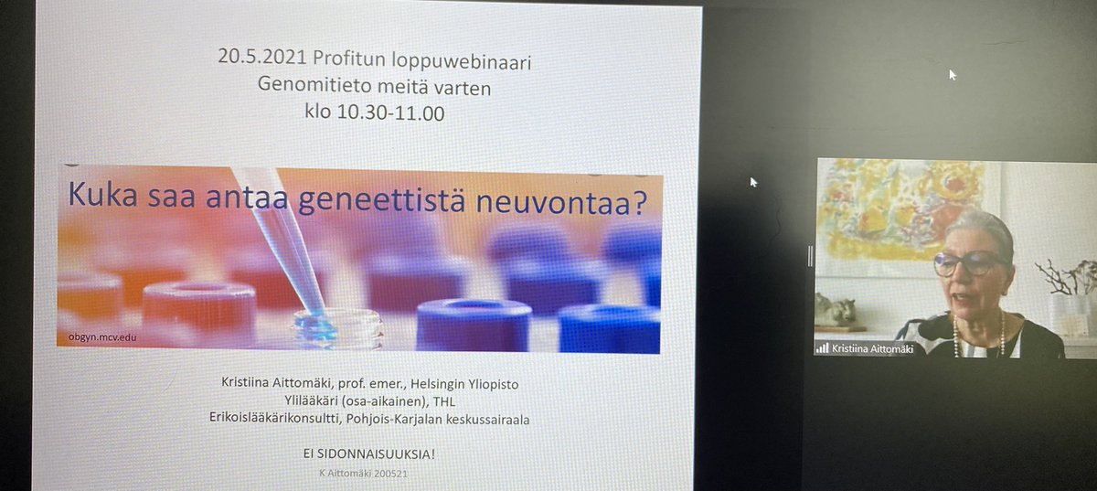 annparviainen's tweet photo. Prof. Kristiina Aittomäki, @helsinkiuni, talks about “Who is allowed to give genetic counseling?” during the @ProfituTamk  webinar, @TAMK_UAS  @MarkusPerola @ElisaAirikkala @AHalkoaho @KVehvilainen @UniEastFinland @ISONG_news @GenRE_australia @THLBiopankki @THLorg @THLresearch https://t.co/qOsren7vwY