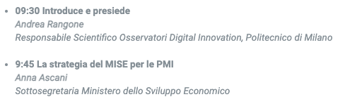 In Italia più che altrove abbiamo bisogno di supportare i settori del Made in Italy con investimenti in digitale e in #competenze digitali

#pnrr #innovazione #nextgenerationeu   
<a href="/AnnaAscani/">Anna Ascani</a> <a href="/MISE_GOV/">Assessorato allo Sviluppo Economico di Bugliano</a>

Evento #OssPMI21 moderato by <a href="/RangoneAndrea/">Andrea Rangone</a>  Cofounder <a href="/Osserv_Digital/">Osservatori Digital</a>