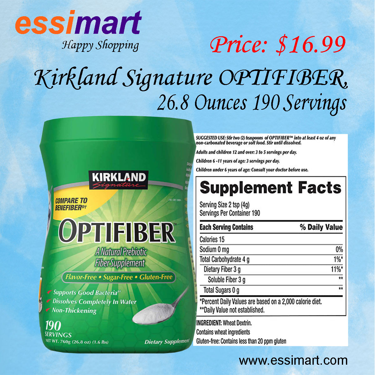 essimart's tweet image. Kirkland Signature OPTIFIBER, 26.8 Ounces 190 Servings.
Price: $16.99
Details: essimart.com
Features:
Completely Dissolves in Water
Non-Thickening and Grit-Free
FSA Eligible Item
Flavor Free, Gluten Free, Sugar-Free
Compare to Benefiber