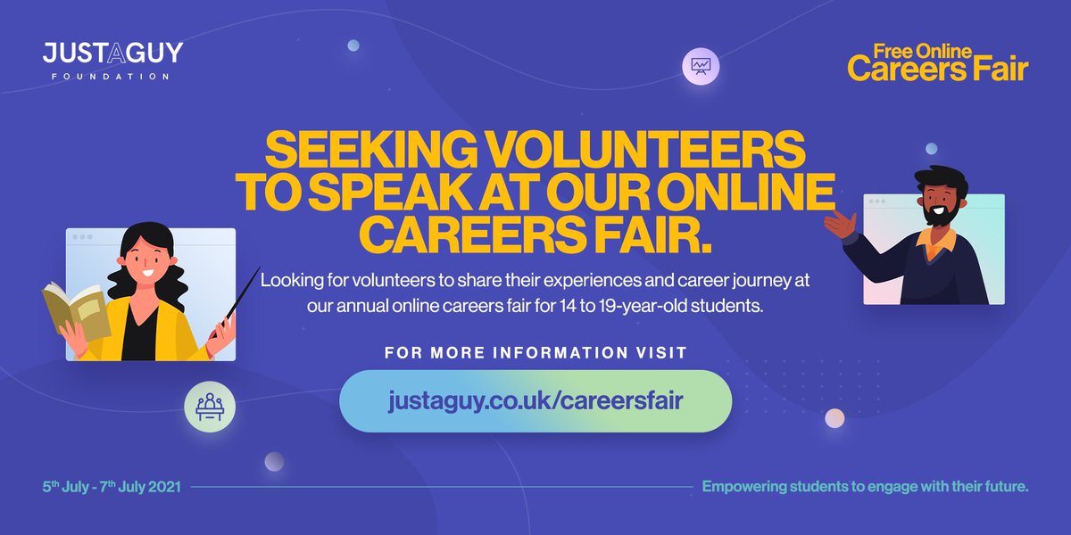 justaguy_LT's tweet photo. JAGF is back with another online careers fair from the 5th-7th July!

We are looking for speakers from a range of sectors to share their advice and experiences. sign up at https://t.co/RonfRJdLwI or if you know someone, please tag them.

Help inspire the next generation! https://t.co/2300BberEH