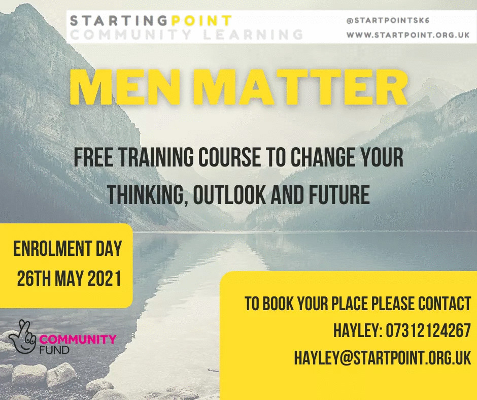 This fantastic course from <a href="/startpointsk6/">Starting Point SocEnt 🧡</a> aims to help men approach their way of thinking about masculinity and improve their ability to communicate and thrive.  Contact Hayley on 07312 124267