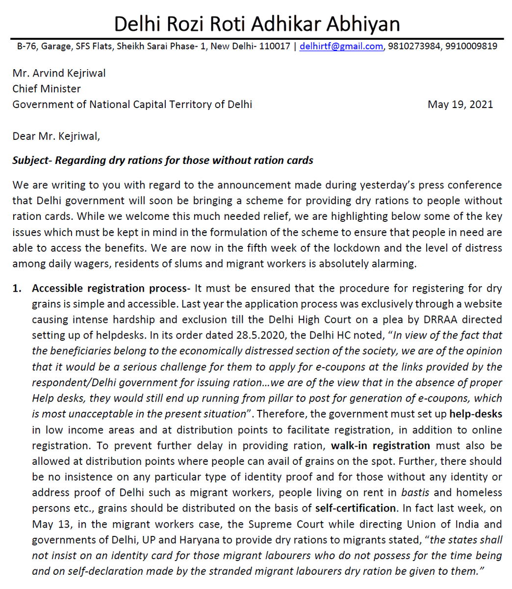 RTF_DRRAA's tweet photo. We have written to CM @ArvindKejriwal on key issues that must be taken into consideration in the scheme to provide foodgrains for people without #ration cards. Delhi is now in 5th week of lockdown. Alarming level of distress among daily wagers, slum residents, migrant workers. https://t.co/B3XM8z5V57