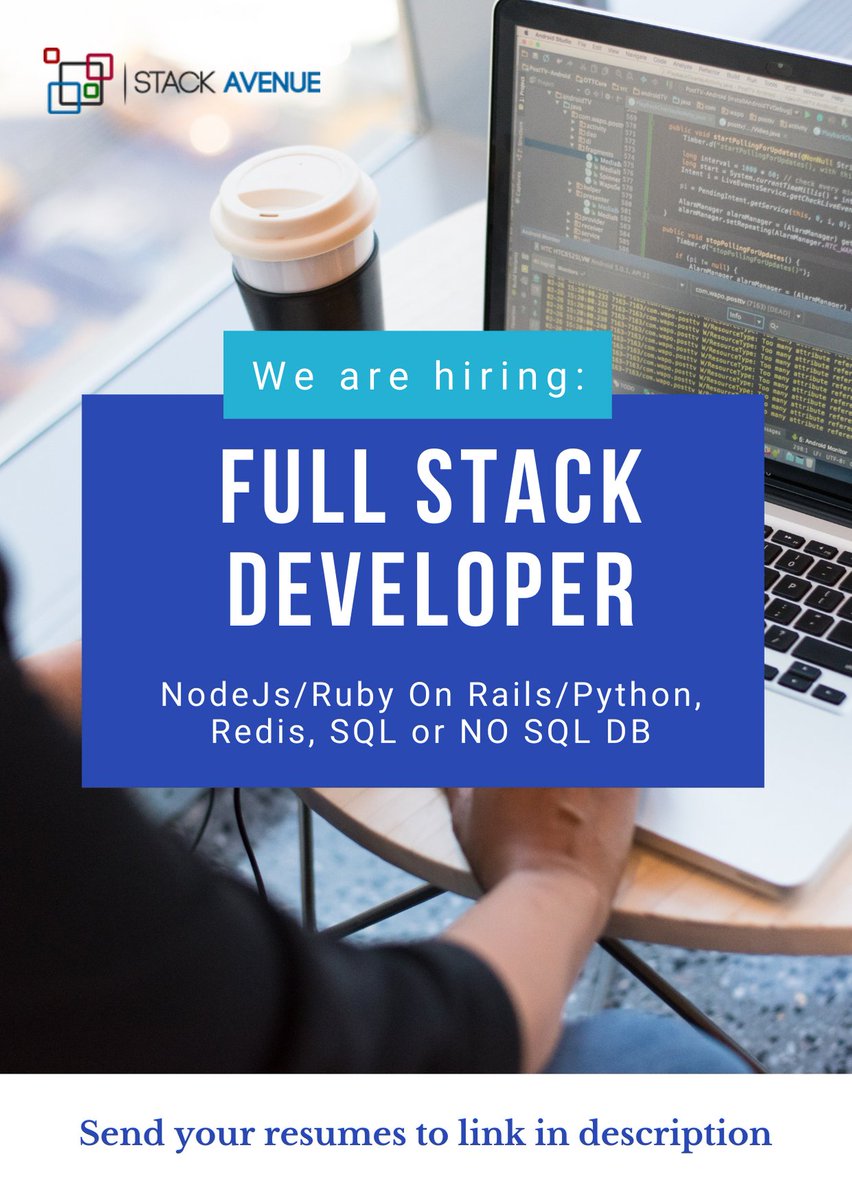 StackAvenue's tweet image. StackAvenue is #hiring. Join us as a #SeniorBackendEngineer. 
#Apply here - smrtr.io/5FTwf

Key Skills:
#Python / #Elixir / #NodeJs / #RubyOnRails, #Redis, #Postgresql

#openingforjob #jobs #softwaredevelopment #softwareengineer #experience #work #urgentrequirment