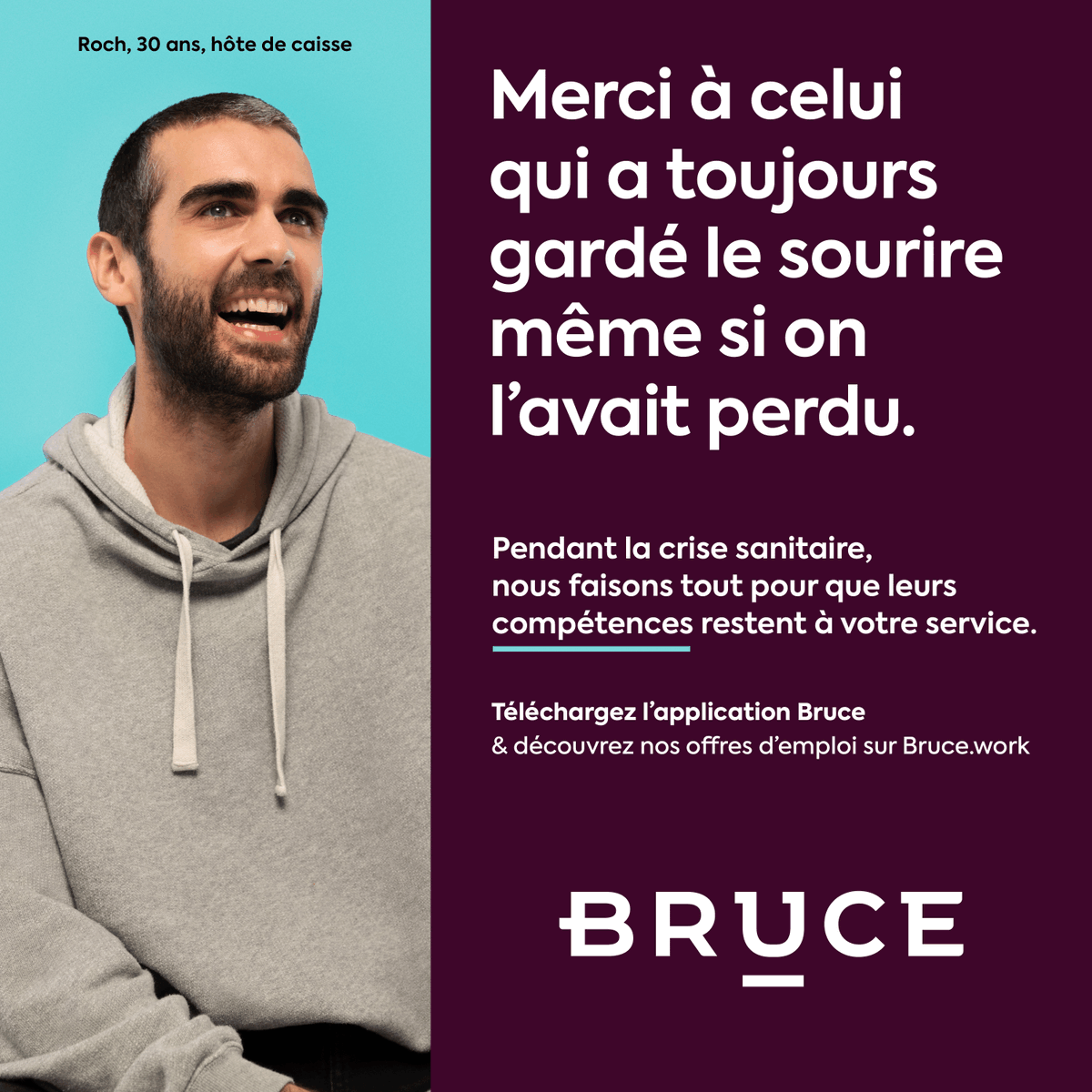 Roch est acteur, mais il a été contraint de trouver un autre emploi pour continuer à subsister pendant la crise sanitaire. Avec Bruce, il a pu retrouver un emploi au contact de la clientèle, une activité en phase avec sa personnalité. #Brucevousditmerci #merci #startup #affichage